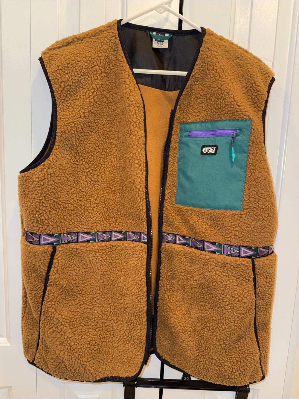 Picture organic clothing chocolate Sherpa Vest with Teal Chest Pocket